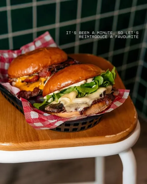 Loaded burger basket on a stool